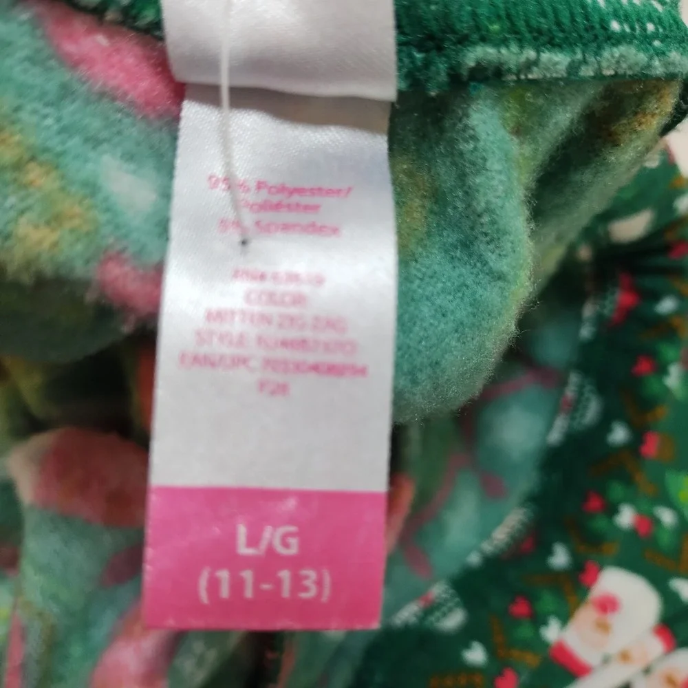 Green‎ Santa Mittens Ugly Christmas Pajama Pants Girls  L 11-13 Lounge Comfort